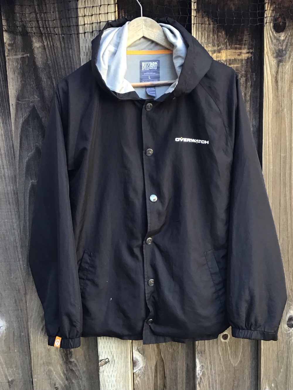 Overwatch Blizzard Windbreaker Jacket Black Hooded Logo Graphic Promo Large
